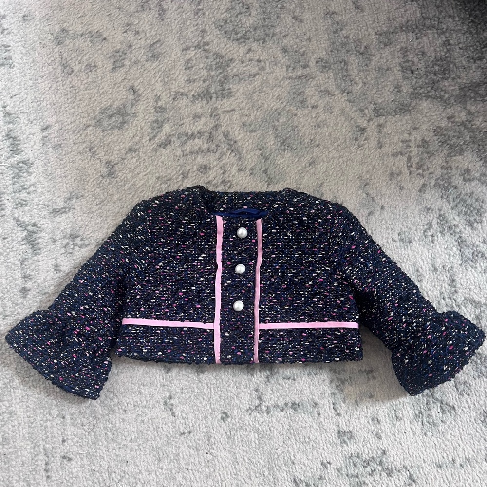 Janie and Jack Navy Tweed Jacket with Pink Trim